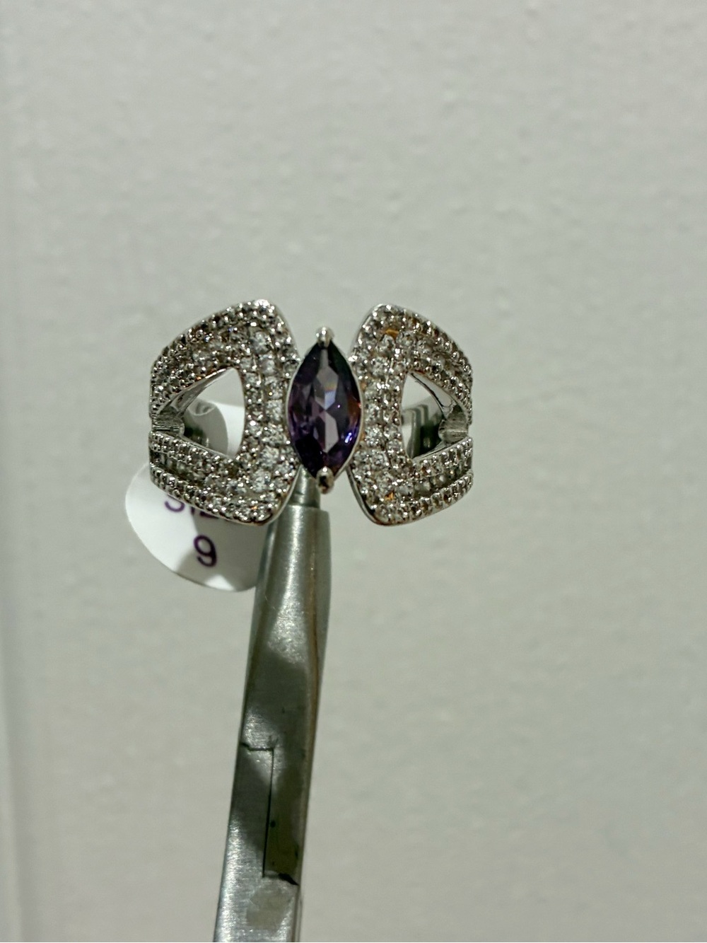 Bomb Party Silver-Tone Ring with Purple Marquise Gem & Pave Accents